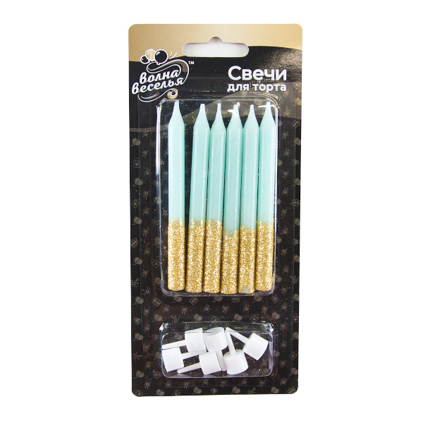 Набор свечей для торта "Сверкающий глиттер" 8*0,77см, мятный/золото (1уп*6шт) 802737 Волна веселья