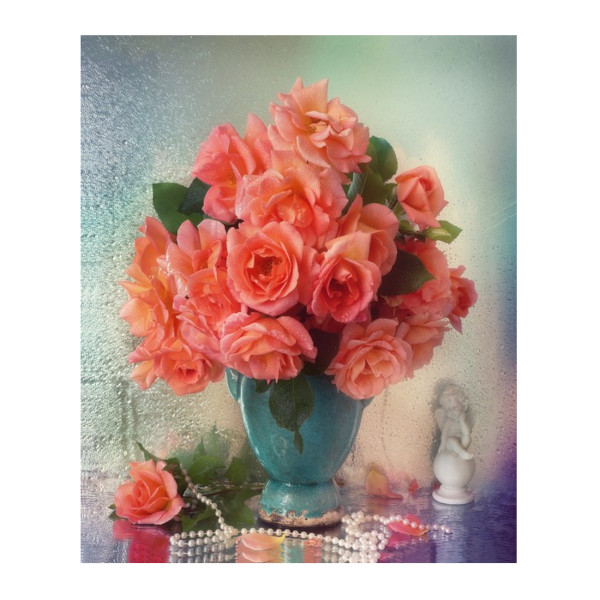 Картина по номерам Рыжий кот 30*40см "Розовые розы и натуральный жемчуг" ХК-6320