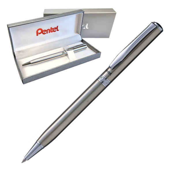 Ручка шар автомат. Pentel "Sterling B810" синяя, корпус маталл, серый, 0,8мм B810-CEBSET