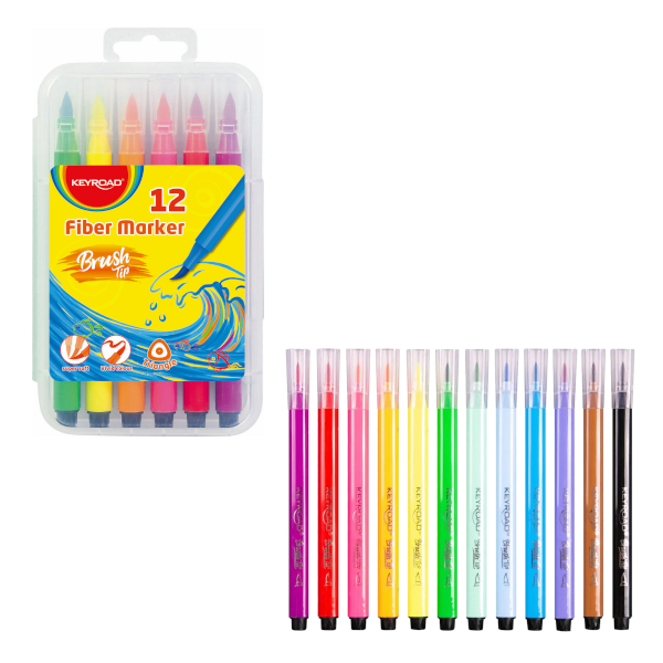 Фломастеры Keyroad "Brushmarker" 12цв., смыв., кисть, пластик.уп. KR972523