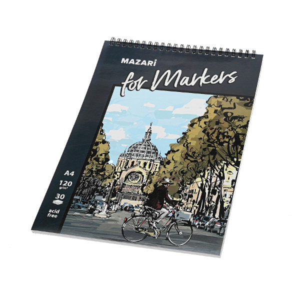 Скетчбук для маркеров А4 30л, 120г/м2, гребень "Город" M-8378 MAZARI ТМ