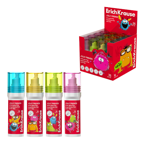 Клей ПВА 35мл с силикон. апликатором, ассорти "Jolly Friends" 65546 Erich Krause
