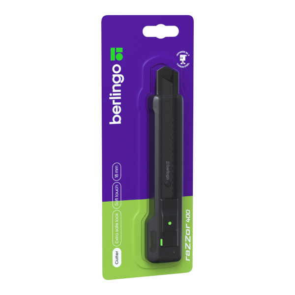 Нож канцелярский 18мм, пластик.корп., автофиксатор, черный, блистер "Razzor 400" BM4140 Berlingo