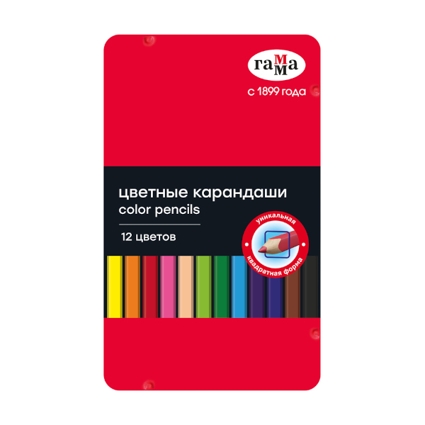 Карандаши 12цв, дерево, 4-гран., метал.уп. 280620211 Гамма