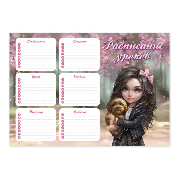 Расписание уроков А4 "Брюнетка с собачкой" картон 68852 Феникс+
