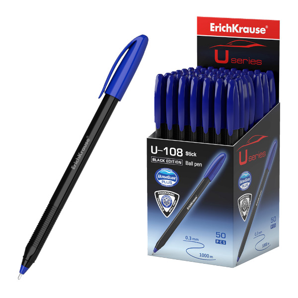 Ручка шар. масл. осн. 1,0мм, синий, игольч., черный корп. "U-108 Stick Black" 46777 Erich Krause