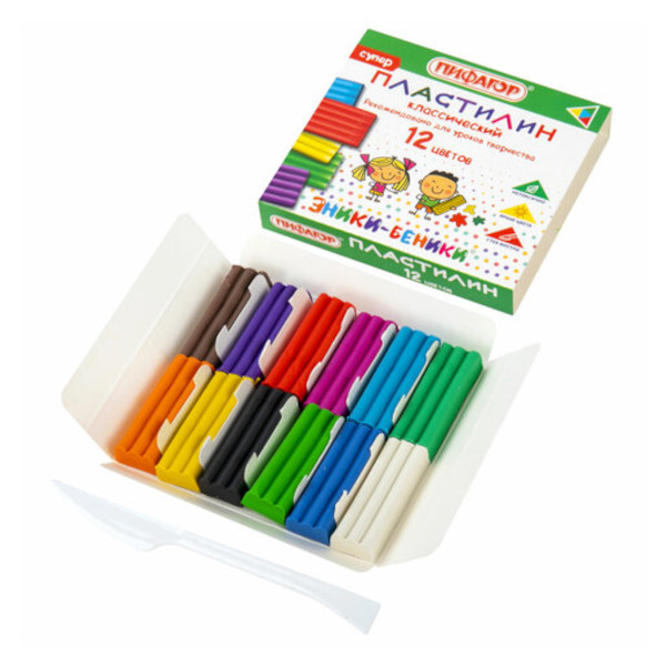 Пластилин классический ПИФАГОР "ЭНИКИ-БЕНИКИ СУПЕР" 12цв, 120г, стек, 106505