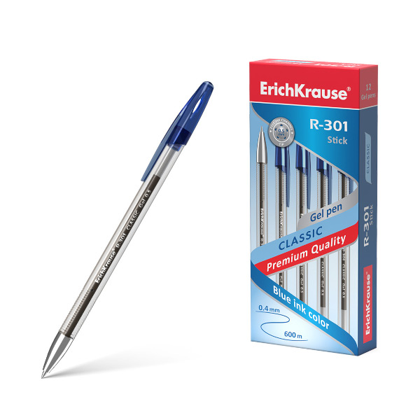 Ручка гелевая 0,5мм, синий, прозрач. корп. "R-301 Classic Gel Stick" 53346 Erich Krause