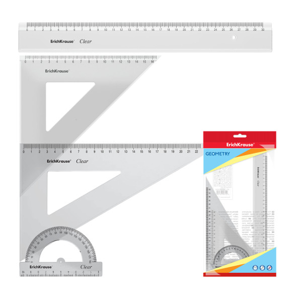 Геометрический набор 4предм.(линейка 30см, угольники 45° и 60°, транспортир) "Clear" 49573 Erich Kr