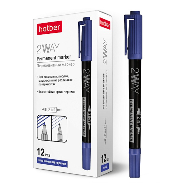 Маркер перм двустор. 0,5-1мм, игольч/пулевид, синий, пластик. корп. "2WAY" PM_060854 Hatber