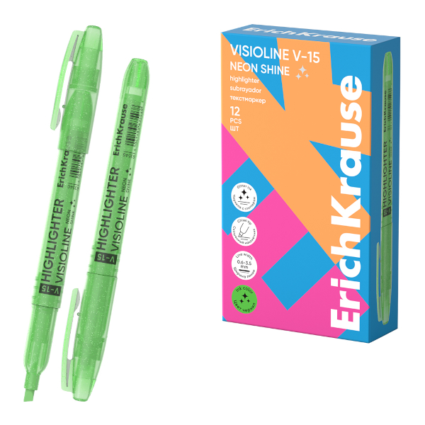 Текстовыделитель Erich Krause V-15 Neon Shine /зеленый/скошенный/0,6-3,5мм 63546