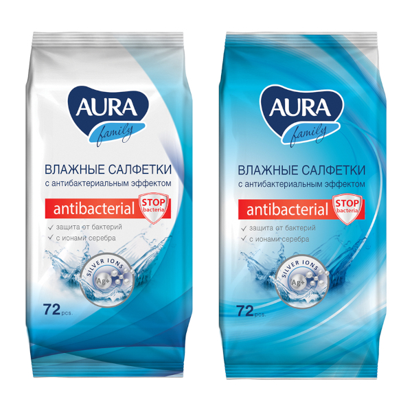 Салфетки влажные Aura "Family" антибакт., ассорти, 14*20см, 72шт/пач