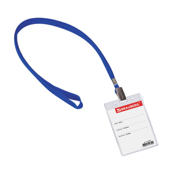 Бейдж 65*107мм вертикал., зажим/шнурок синий, пластик, прозрач. 235698 Brauberg (1шт)
